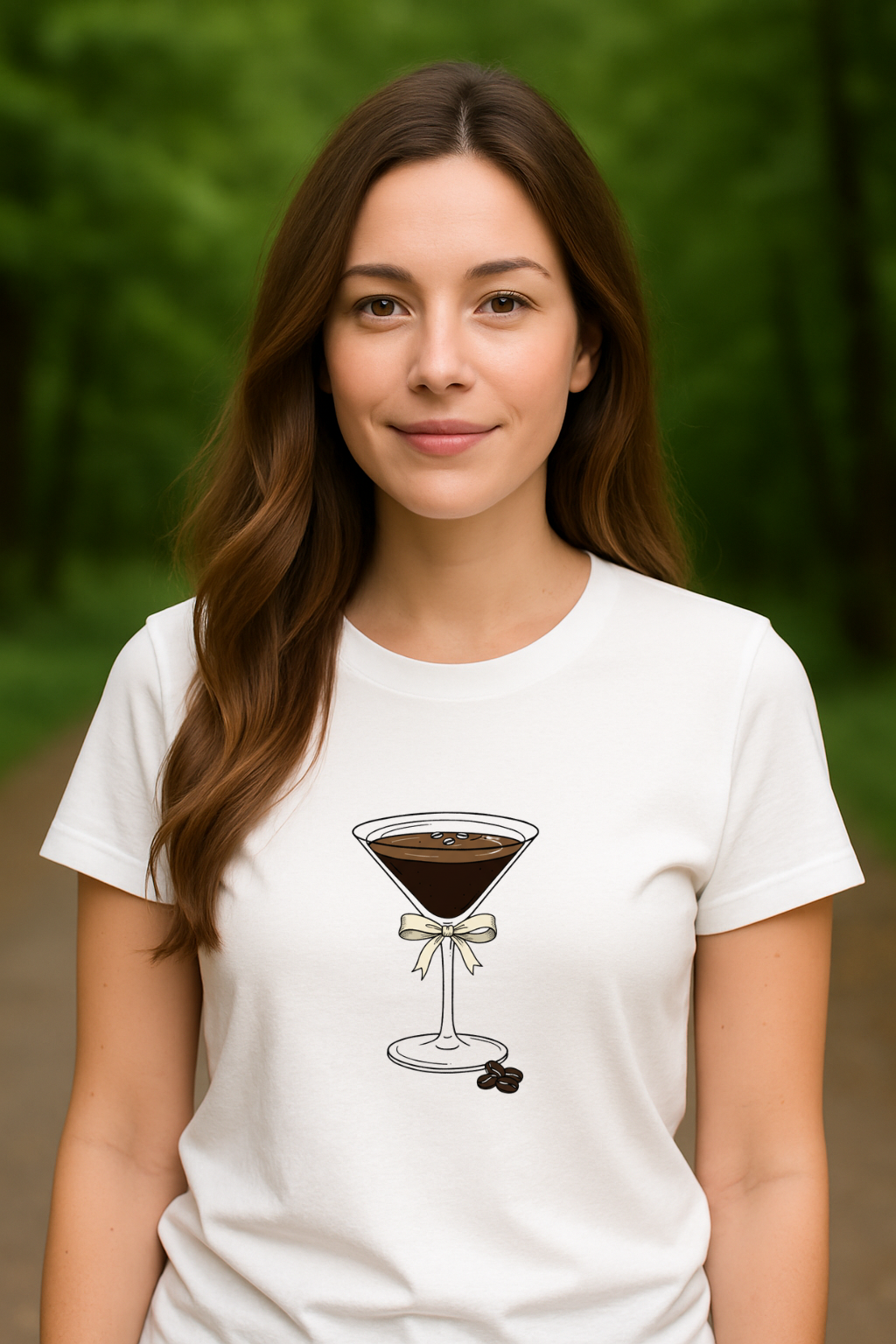 woman in white short sleeve t-shirt with a Espresso Martini on it in front of green background. 