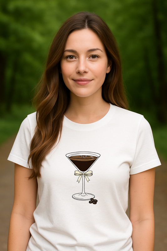 woman in white short sleeve t-shirt with a Espresso Martini on it in front of green background. 