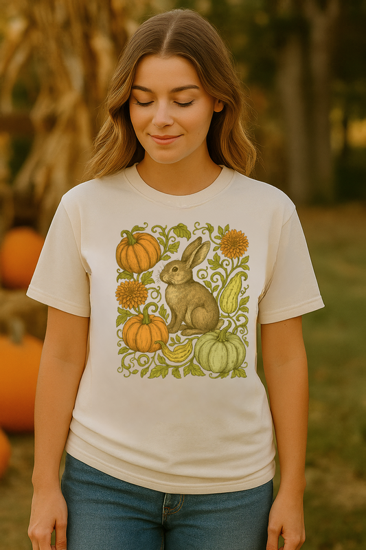 woman in a ivory shirt with rabbit and pumpkins on it
