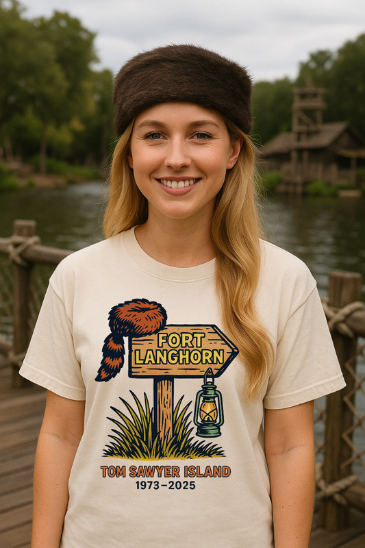 Person wearing a t-shirt with 'Fort Langhorn' for Tom Sawyer Island design, standing on a wooden bridge with water and trees in the background.
