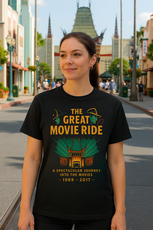 Woman wearing a black Gildan 64000 t-shirt featuring The Great Movie Ride tribute design with Chinese Theatre, spotlight rays, and text A Spectacular Journey Into the Movies 1989–2017.