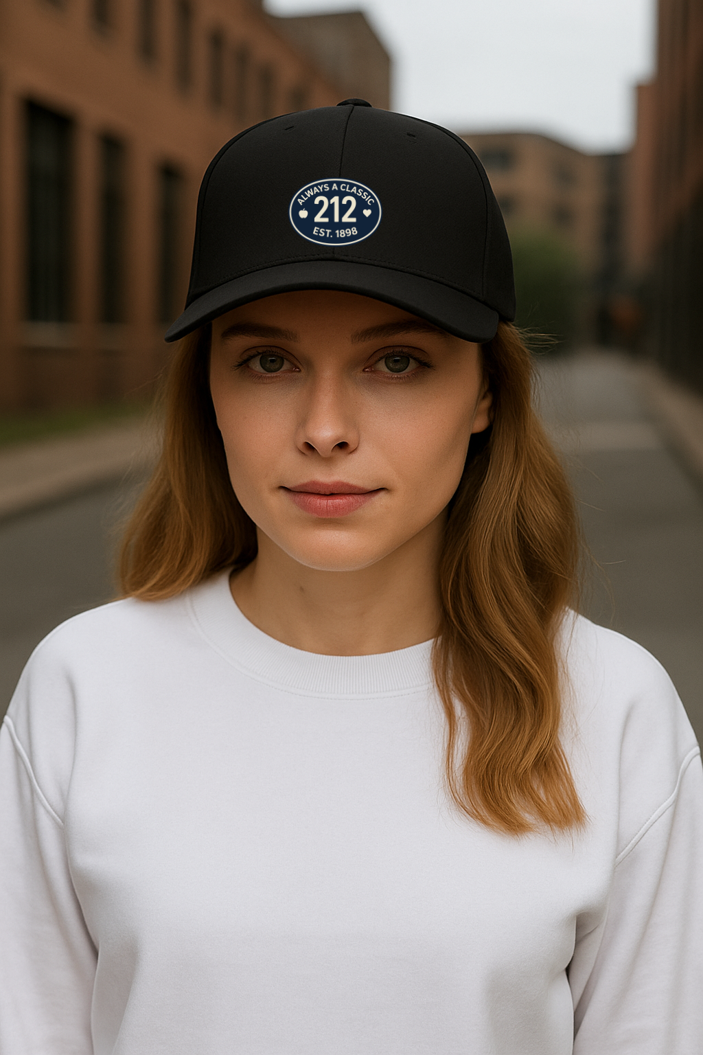 Woman wearing a black trucker hat with a 212 logo and text, standing on a street.