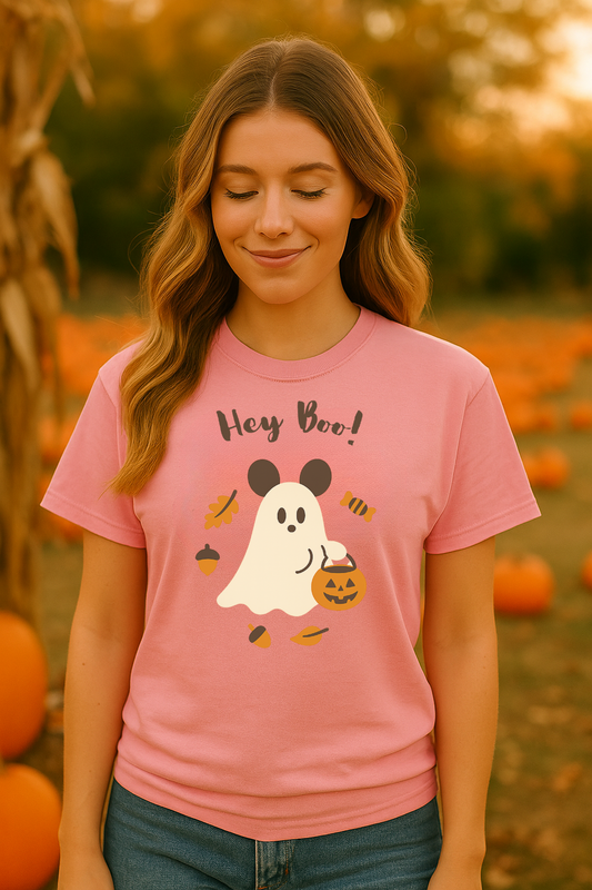 Smiling young woman wearing a pink Halloween graphic t-shirt with a cute ghost holding a jack-o’-lantern pumpkin bucket, acorns, autumn leaves, and candy, standing in a pumpkin patch.