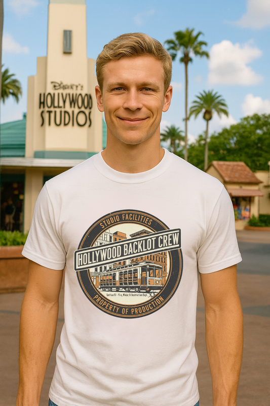 Man wearing a 'Hollywood Backlot Crew' t-shirt in front of Disney's Hollywood Studios sign.