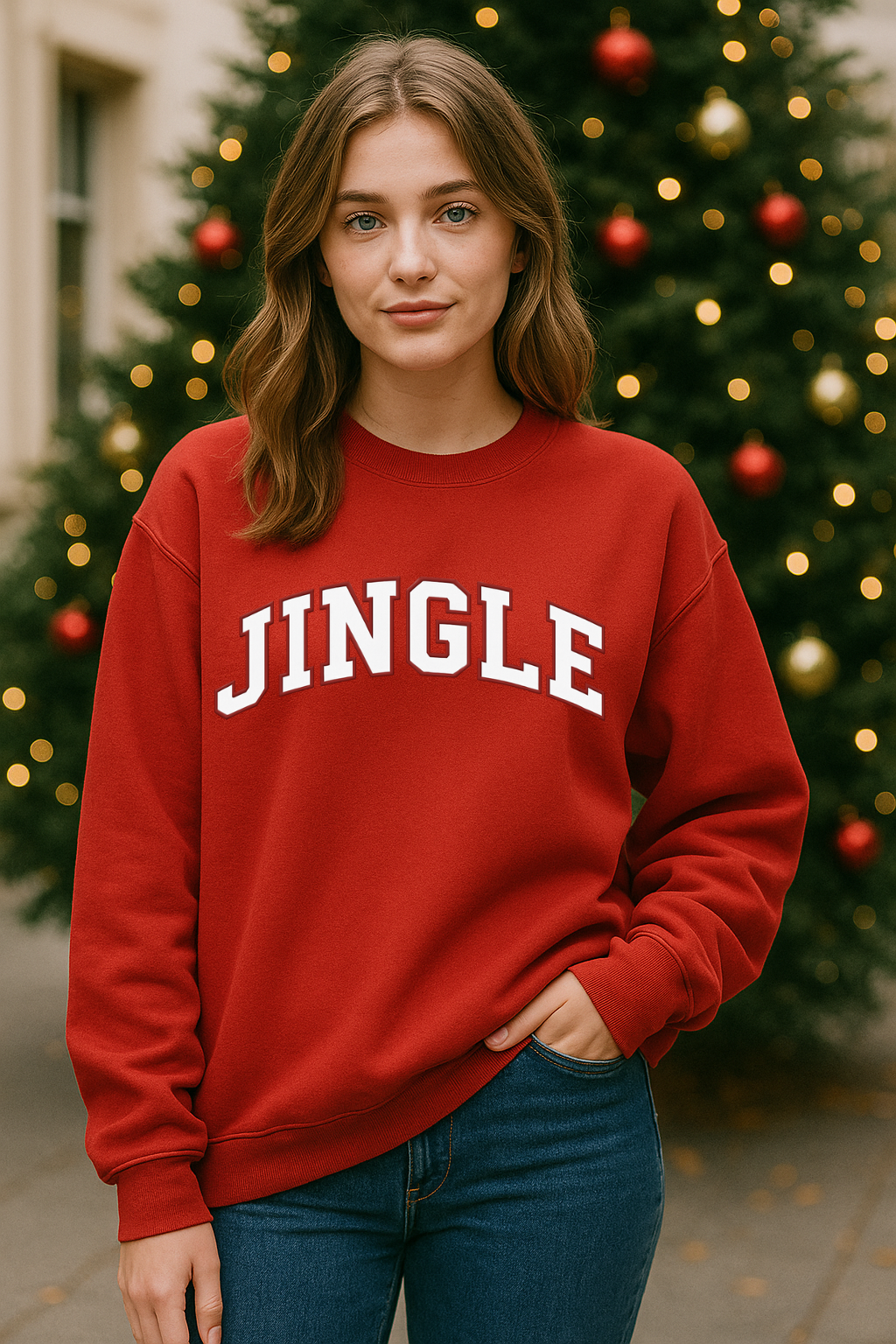 Lady wearing a red sweatshirt printed with JINGLE in front of a Christmas Tree.