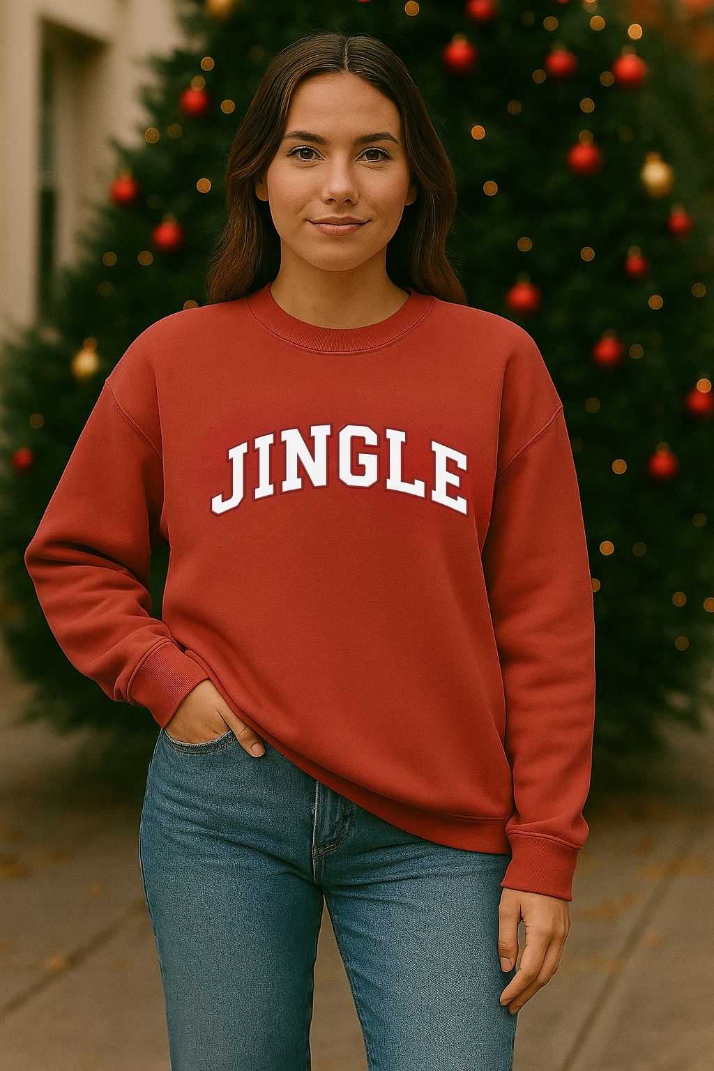 Woman wearing red oversize sweatshirt with Jingle on it and a Christmas tree in background