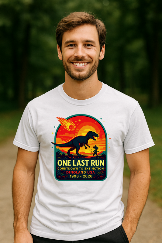 Man wearing a white t-shirt with a One Last Run Dinoland USA dinosaur graphic and text outdoors