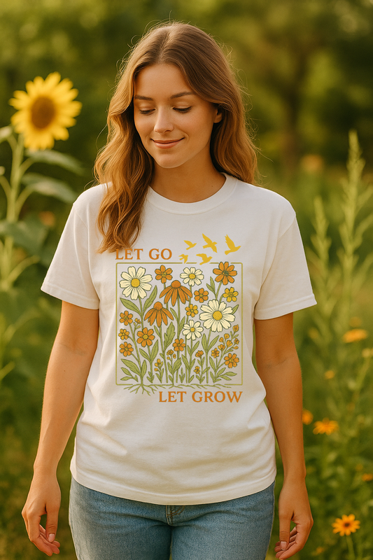 A women walking field of flowers in white graphic t-shirt that says "let go let grow"