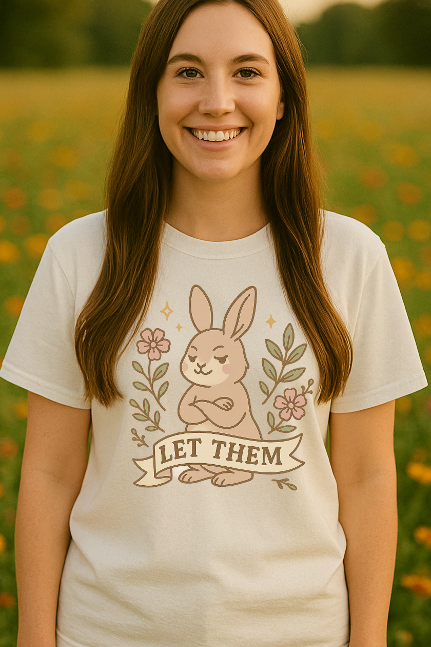 Woman wearing a white t-shirt with a bunny design that says "let them" and text in a field of flowers