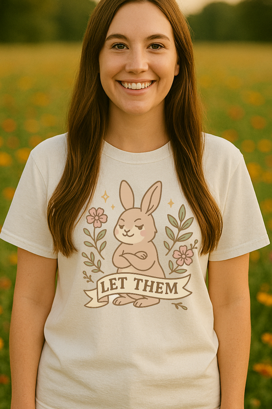 Woman wearing a white t-shirt with a bunny design that says "let them" and text in a field of flowers