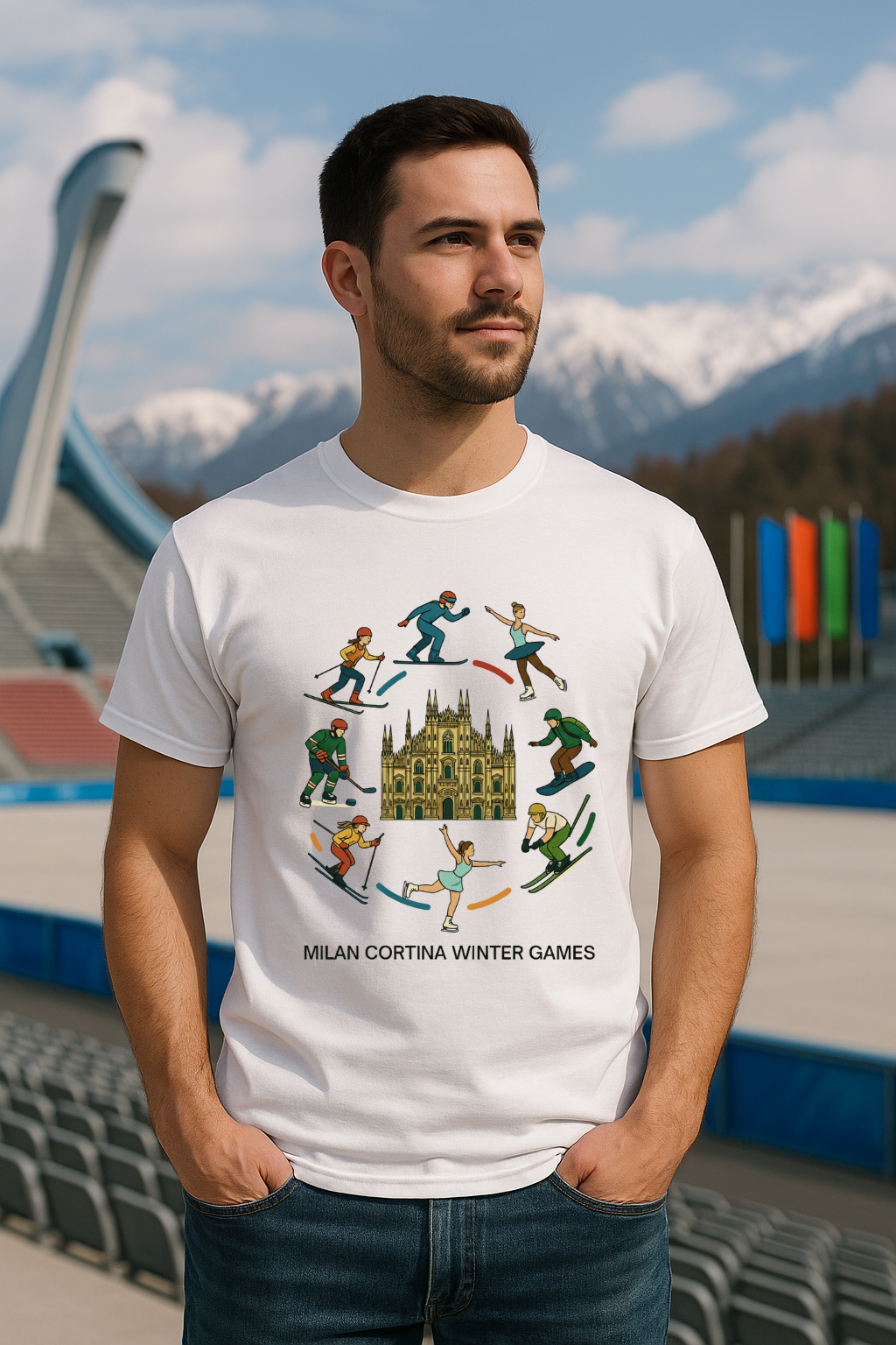 Man wearing a white t-shirt with 'Milan Cortina Winter Games' design in an outdoor setting.