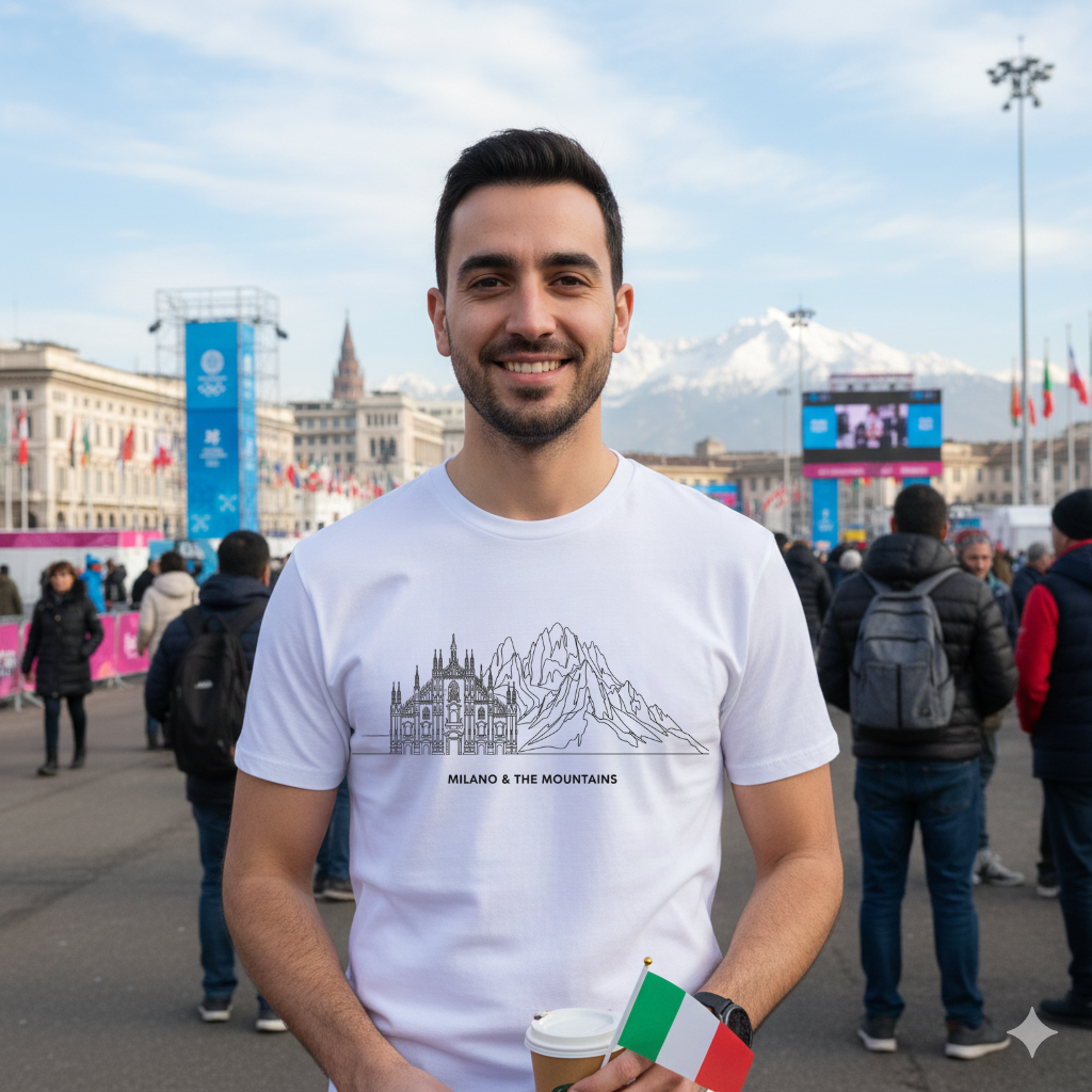 Man wearing a white t-shirt with a graphic design of Duomo and Mountains, holding a coffee cup and Italian flag, standing in an outdoor setting.