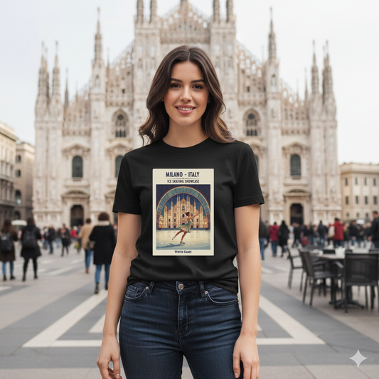 Woman wearing a black t-shirt with a vintage-style travel poster in front of a cathedral.