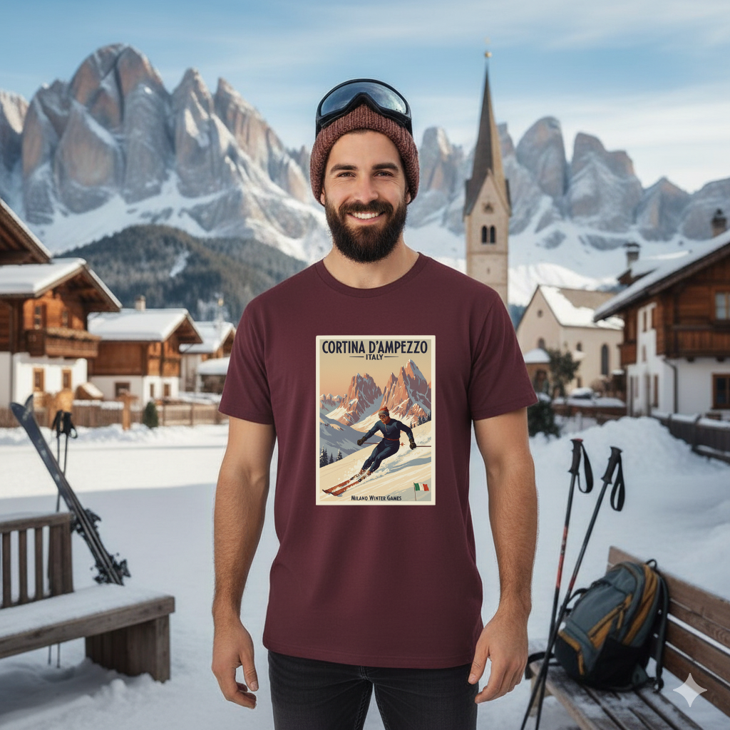 Man wearing a t-shirt with a vintage-style poster of Cortina d'Ampezzo, Italy, standing in a snowy village with mountains in the background.