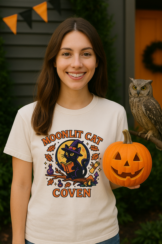 Smiling woman holding a jack-o’-lantern and wearing a cream Comfort Colors “Moonlit Cat Coven” t-shirt featuring a black cat in a witch hat reading a spell book under a glowing moon, with autumn leaves, mushrooms, and potion bottles in the design, while an owl perches nearby.