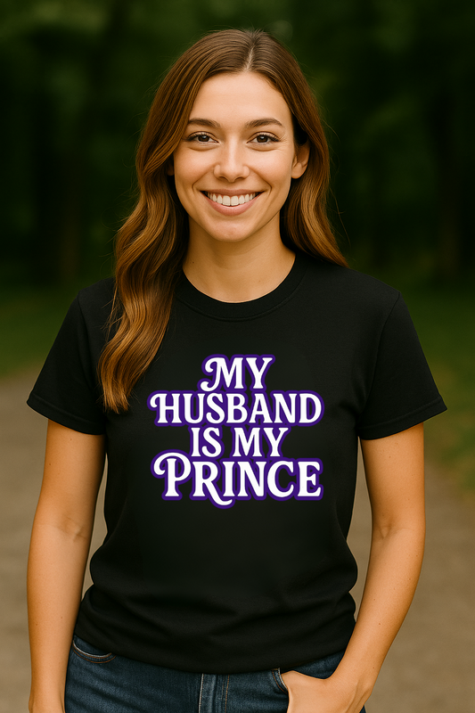 Woman wearing a black t-shirt with 'My Husband is My Prince' text.