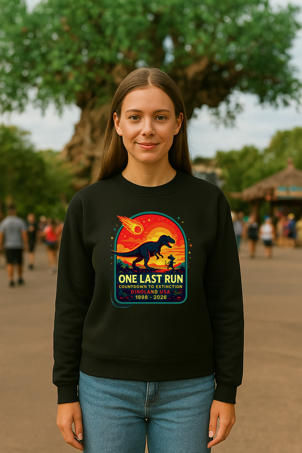 woman wearing a black sweatshirt with a t-rex on one last run in front of a big tree