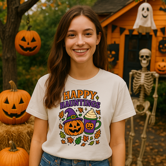 Happy Hauntings Halloween T-Shirt – Pumpkin & Witch Hat Design | Gildan 64000