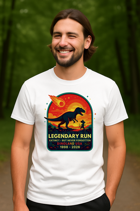 Legendary Run Dinosaur Ride T-Shirt – Extinct But Never Forgotten | Unisex Gildan 64000 Tee