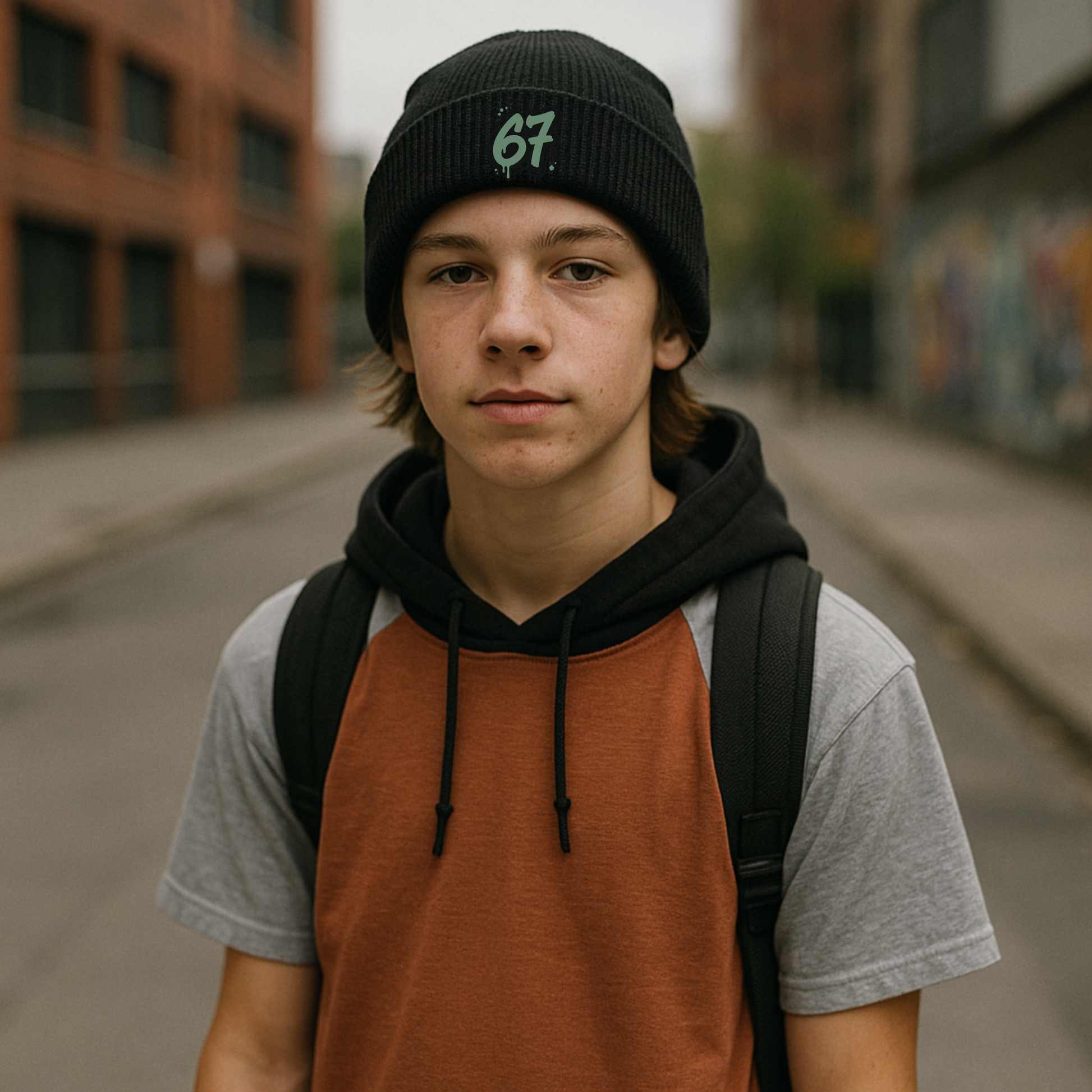 Person wearing a black beanie with '67' and a backpack on an urban street.