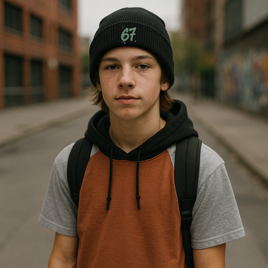 Person wearing a black beanie with '67' and a backpack on an urban street.