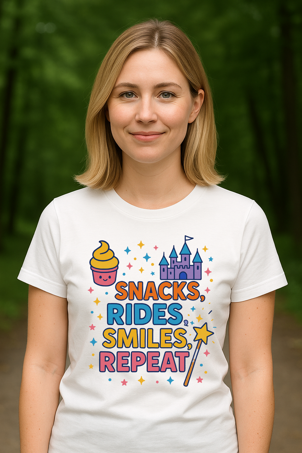 Lady wearing a white t-shirt with colorful graphics that say "snacks, rides, smiles, repeat" a green outdoor background