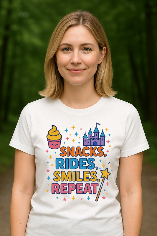 Lady wearing a white t-shirt with colorful graphics that say "snacks, rides, smiles, repeat" a green outdoor background