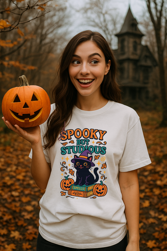 Smiling woman holding a carved pumpkin while wearing a cream Comfort Colors “Spooky But Studious” t-shirt with a design of a black cat in a purple witch hat sitting on spell books, surrounded by jack-o’-lanterns, stars, and autumn leaves, standing on a forest path with a spooky house in the background.