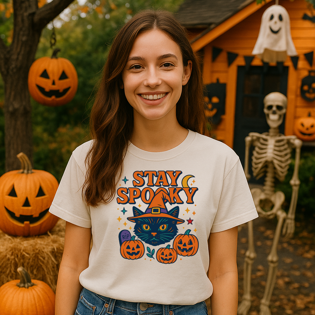 Woman wearing a 'Stay Spooky' t-shirt with Halloween-themed design in front of a decorated house.
