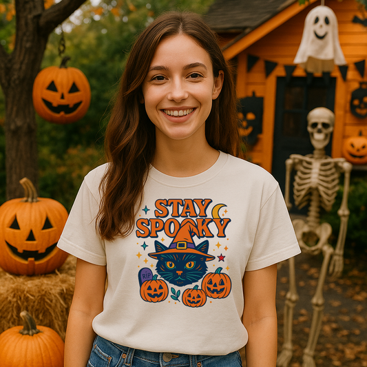 Woman wearing a 'Stay Spooky' t-shirt with Halloween-themed design in front of a decorated house.