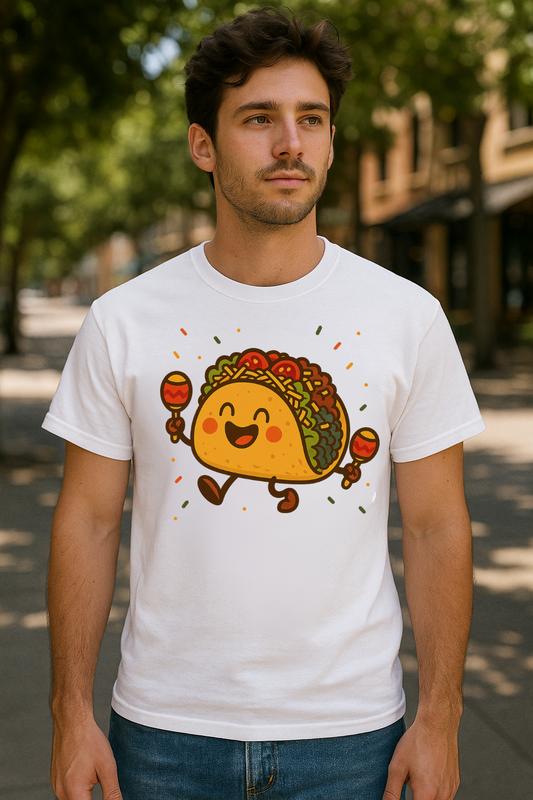 Handsome 23-year-old man in Austin, TX wearing a white Gildan t-shirt with a cute smiling taco graphic, casual hipster style mockup for festival and streetwear fashion.