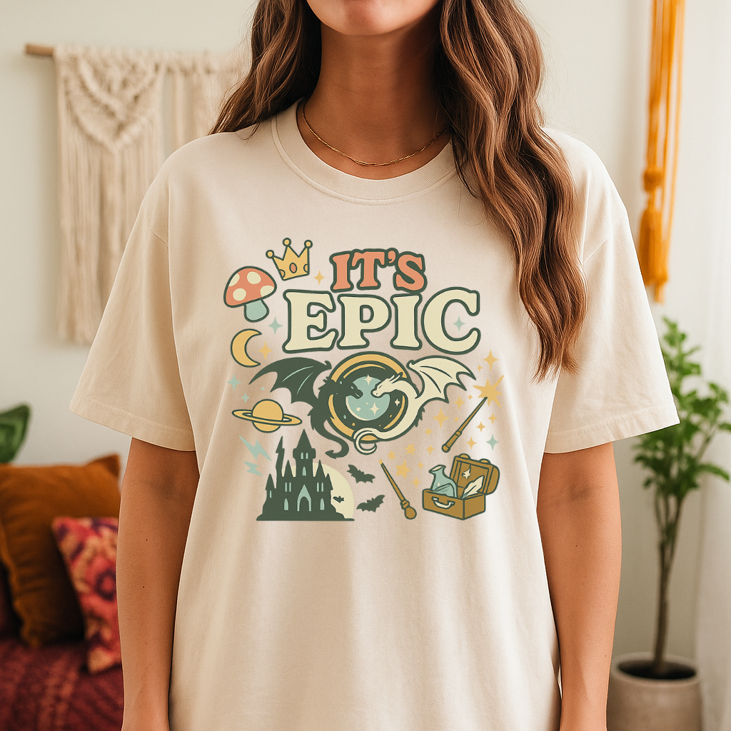 Person wearing a beige t-shirt with a graphic design and text 'It's Epic' in a casual setting.