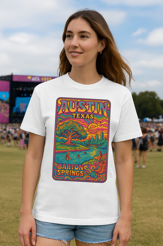 Austin Texas Barton Springs Comfort Colors® T-Shirt – Vibrant Psychedelic Austin Skyline & Swimming Scene