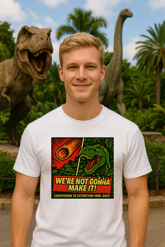 Man wearing a white t-shirt with a t-rex dinosaur graphic that says "we're not going to make it" standing in front of dinosaur models.