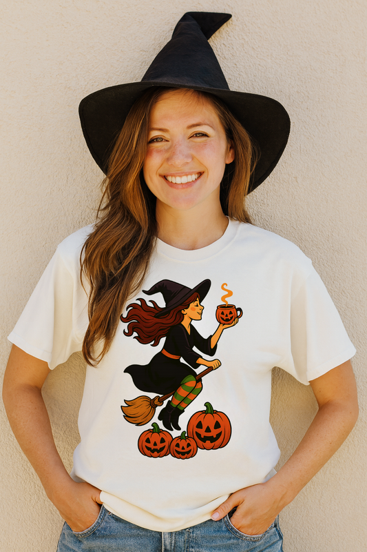 Person wearing a white t-shirt with a Halloween-themed design with a witch on broom and a black witch hat against a beige wall.