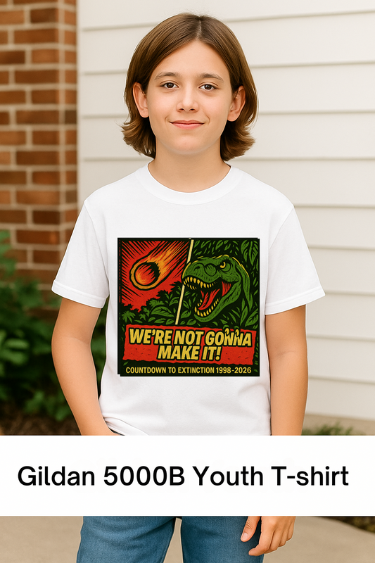 Child wearing a white t-shirt with a T-Rex and Asteroid words We're Not Going to Make it graphic design and text, standing outdoors.