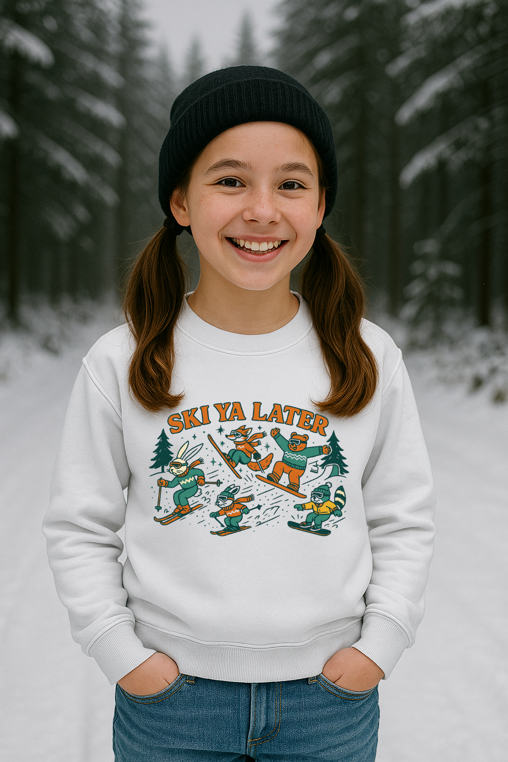 Ski Ya Later Youth Sweatshirt – Cute Ski Animals Winter Crewneck – Kids Ski Trip Sweater – Gildan 18000B