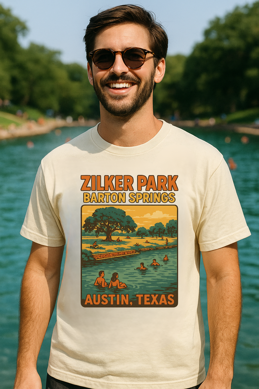 Retro Barton Springs T-Shirt – Austin Zilker Park Graphic Tee, Vintage Swimming Scene, Comfort Colors 1717
