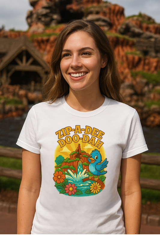 Smiling woman wearing a white graphic tee with a colorful Zip-A-Dee Doo-Dah design featuring a bluebird, mountain, flowers, and sunshine, standing in front of a rustic theme park backdrop