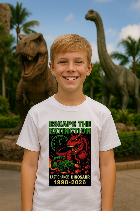 Smiling boy wearing Escape the Extinction Dinosaur shirt, youth Gildan tee, Last Chance 1998–2026 design.