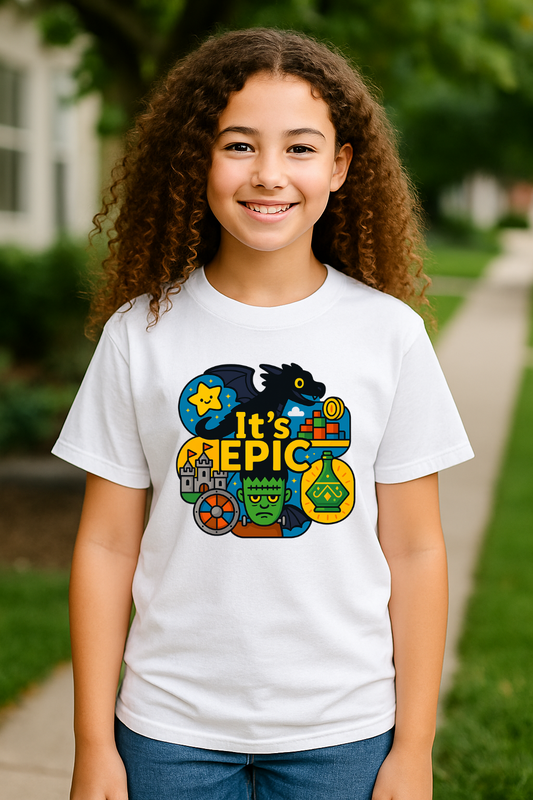 Smiling girl wearing white youth graphic t-shirt with colorful ‘It’s Epic’ design featuring dragon, castle, monster, star, and potion bottle — fun adventure theme park shirt for kids.