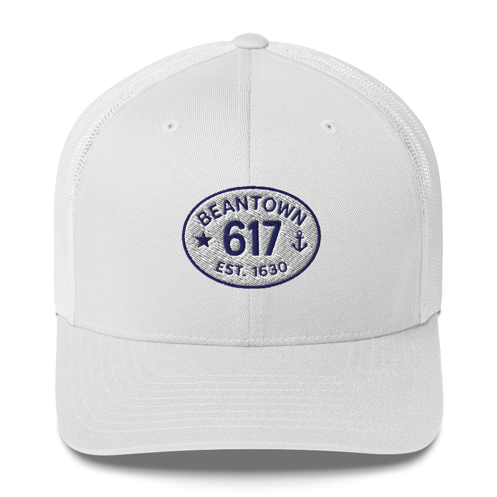 White on white Trucker hat that is embroiderd with 617 and Beantown.