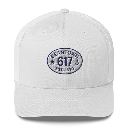 White on white Trucker hat that is embroiderd with 617 and Beantown.