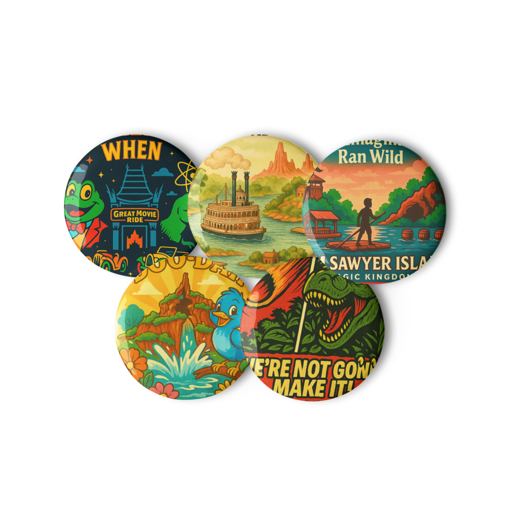 Disney Extinct Rides Button Set: Retro Theme Park Pins | 5 Pack Tribute Collectibles size 1.25"