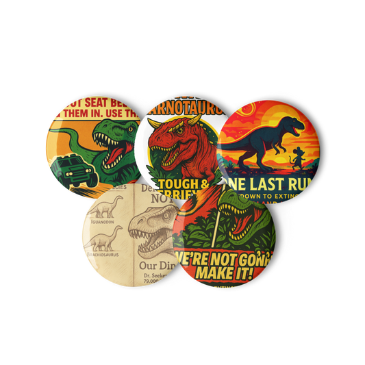 Dinosaur Ride Tribute Button Set: 5 Pack Retro Theme Park Pins | Countdown to Extinction Collectible 1.25"