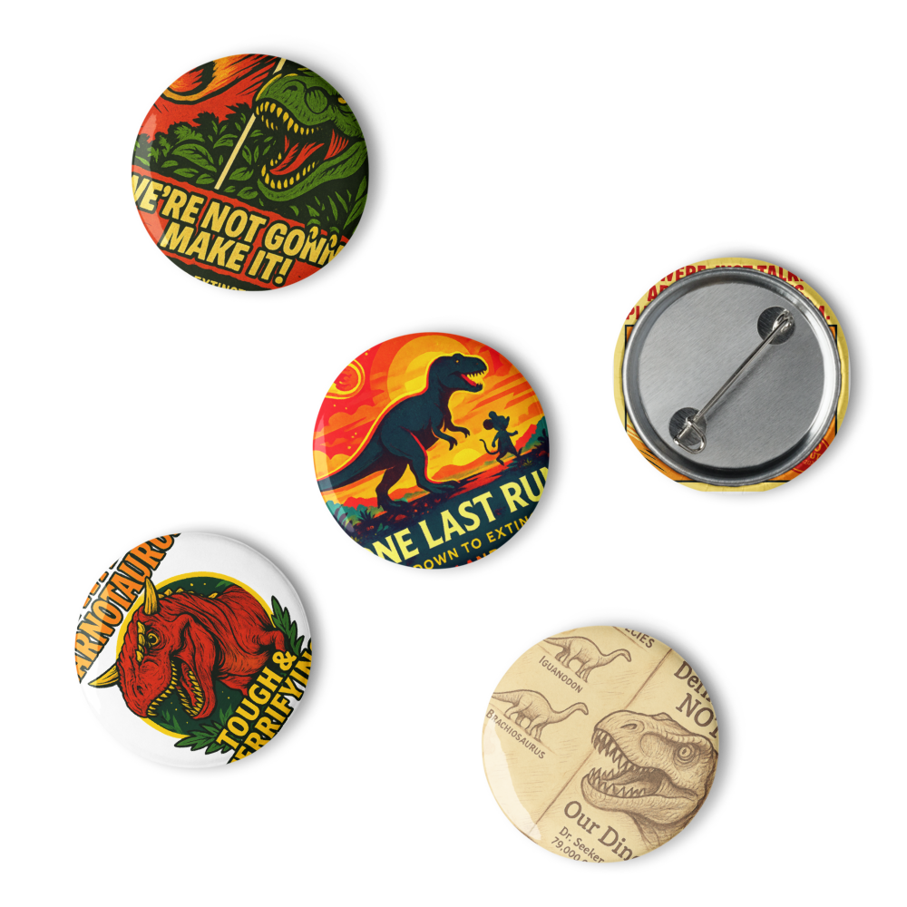 Dinosaur Ride Tribute Button Set: 5 Pack Retro Theme Park Pins | Countdown to Extinction Collectible 1.25"
