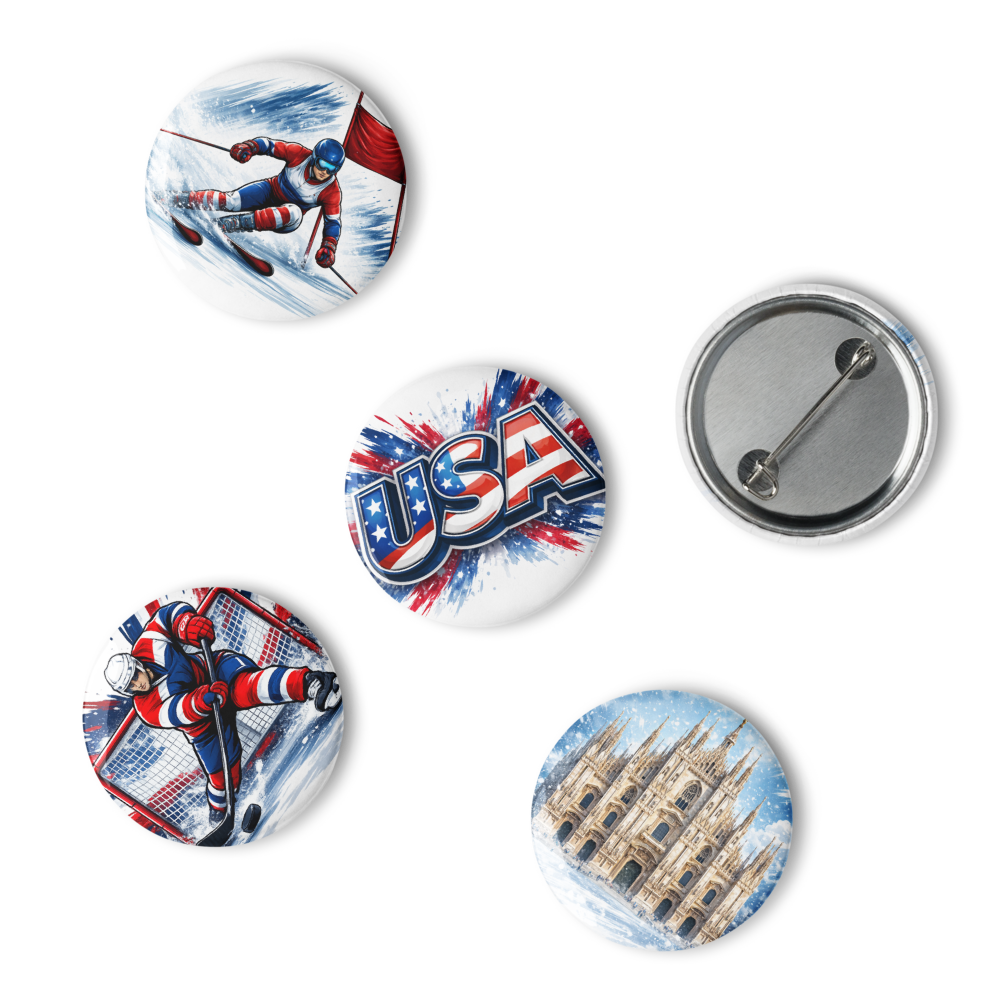Winter Sports USA Pin Set – Hockey, Skiing, Figure Skating & Milan Landmark