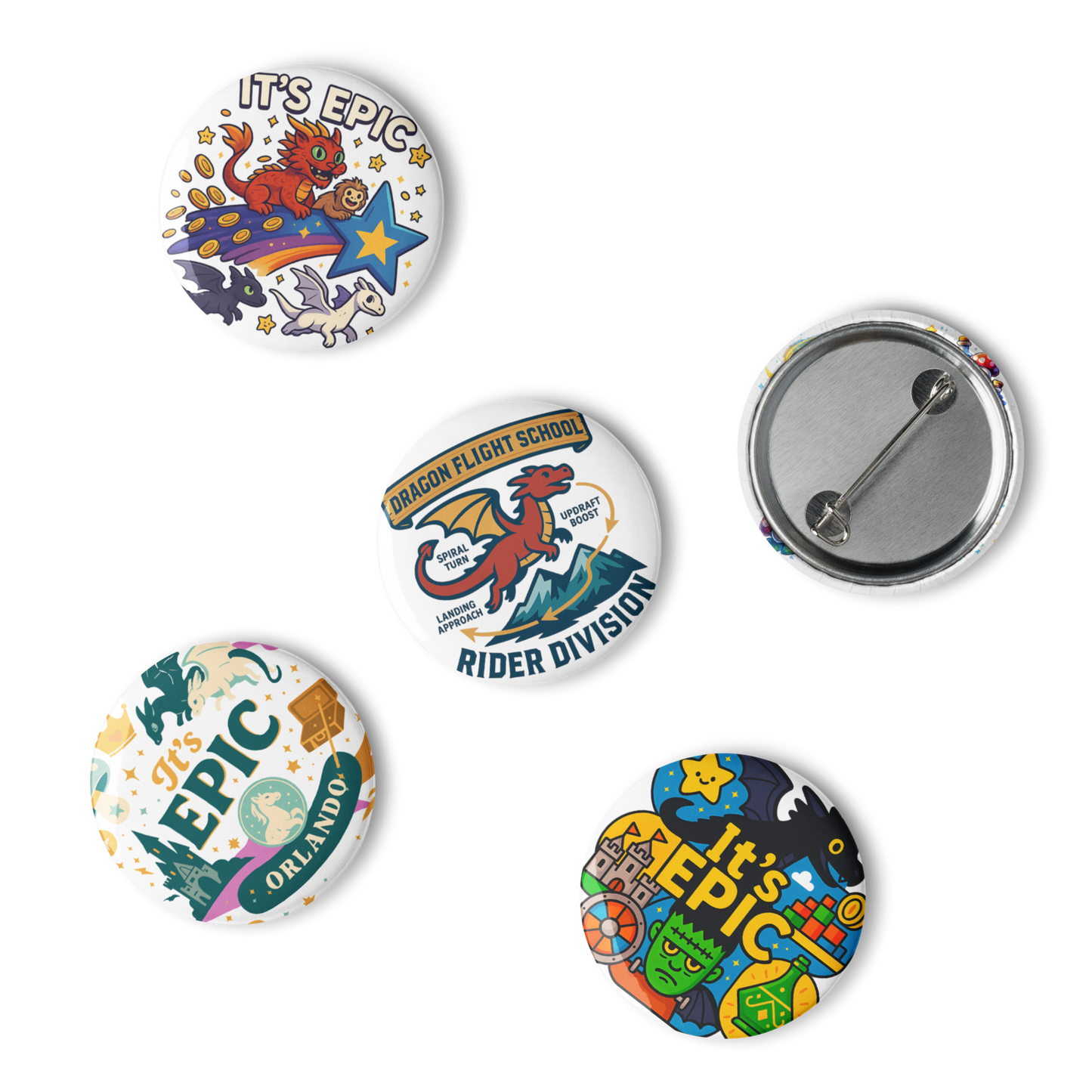 Epic Universe Pin Set – Dragon Fantasy Theme Park Button Collection (5-Pack) in 1.25" or 2.25"