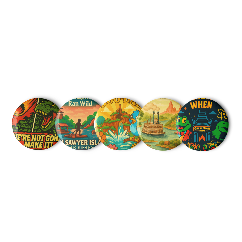 Disney Extinct Rides Button Set: Retro Theme Park Pins | 5 Pack Tribute Collectibles size 1.25"