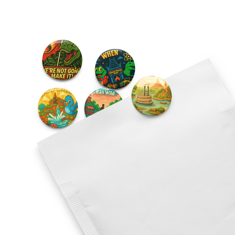 Disney Extinct Rides Button Set: Retro Theme Park Pins | 5 Pack Tribute Collectibles size 1.25"